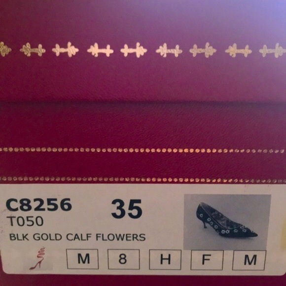 Rene Caovilla Black Gold Calf Flowers Kitten Heels